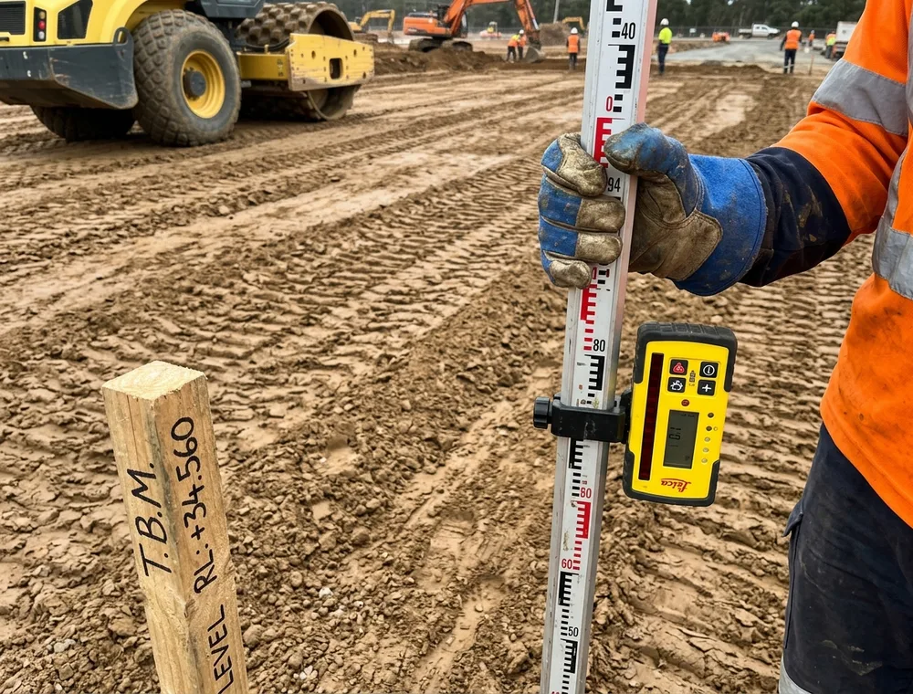 Survey staff checking levels on a freshly cut earthworks pad